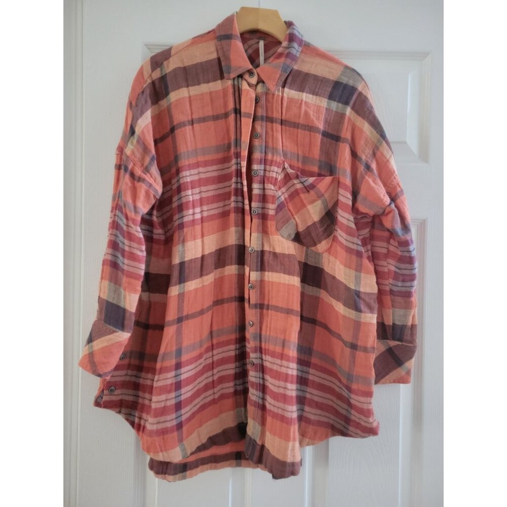 Free People Year Round Orange Plaid top blouse boho boxy size Small Oversized